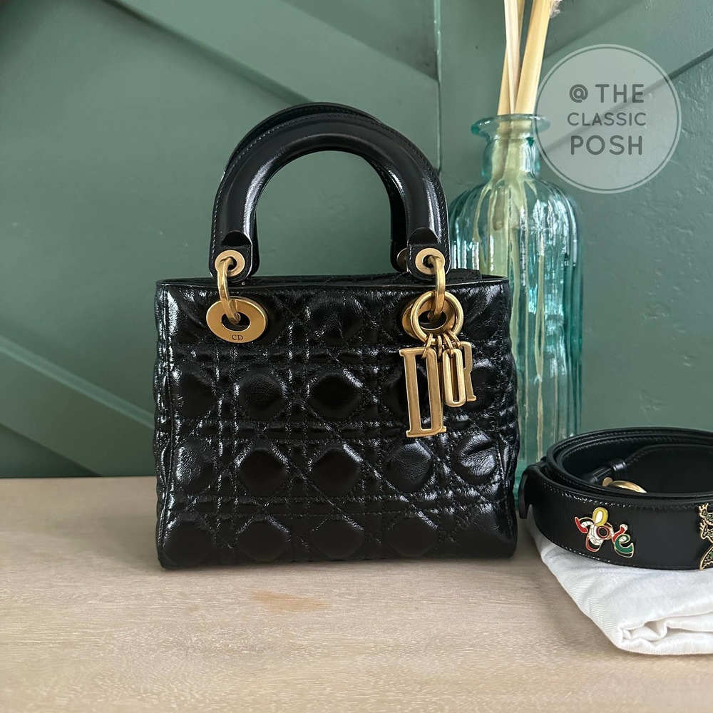 Lady Dior Cannage Small Crinkled Calfskin Black Gold Shoulder Crossbody Bag - Picture 1 of 15